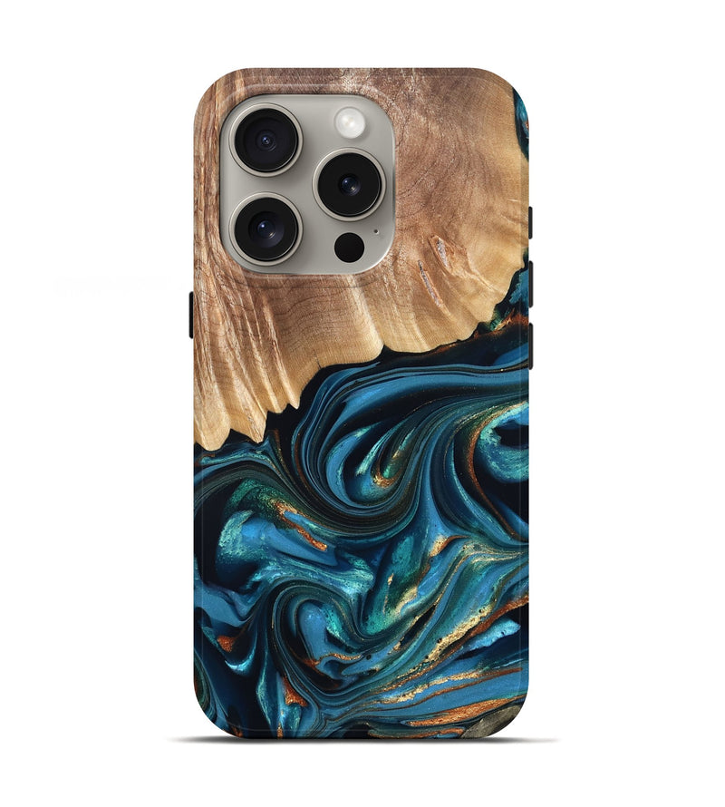 iPhone 16 Pro Wood Live Edge Phone Case - Kenzo (Teal & Gold, 822237)