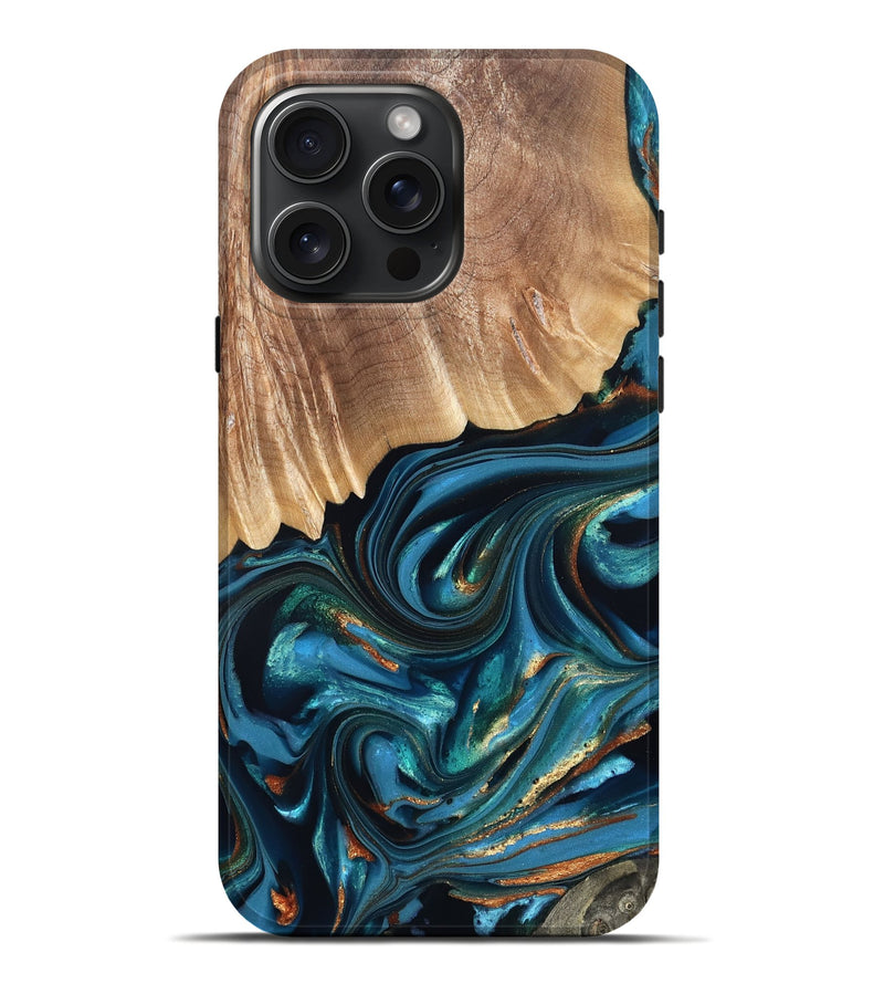 iPhone 16 Pro Max Wood Live Edge Phone Case - Kenzo (Teal & Gold, 822237)