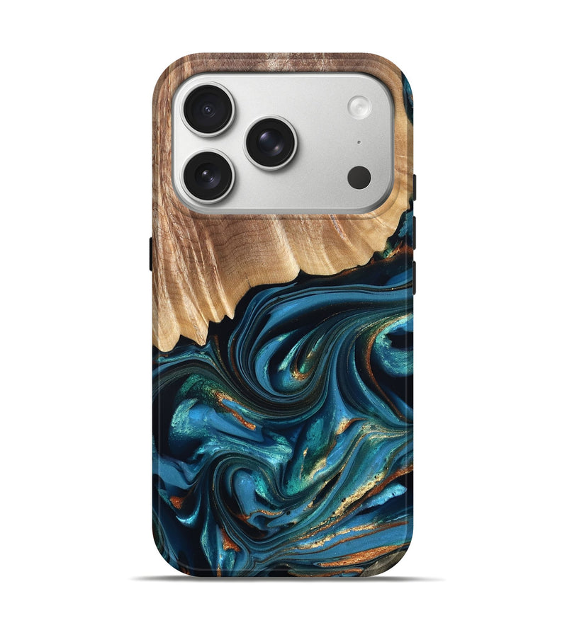 iPhone 17 Pro Wood Live Edge Phone Case - Kenzo (Teal & Gold, 822237)