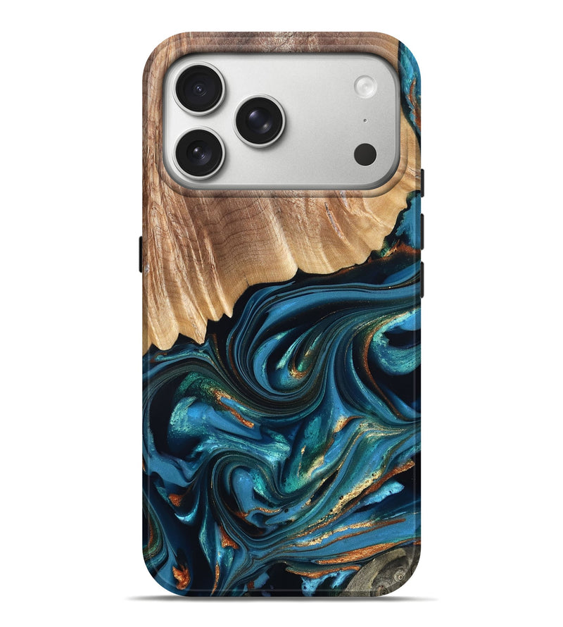 iPhone 17 Pro Max Wood Live Edge Phone Case - Kenzo (Teal & Gold, 822237)