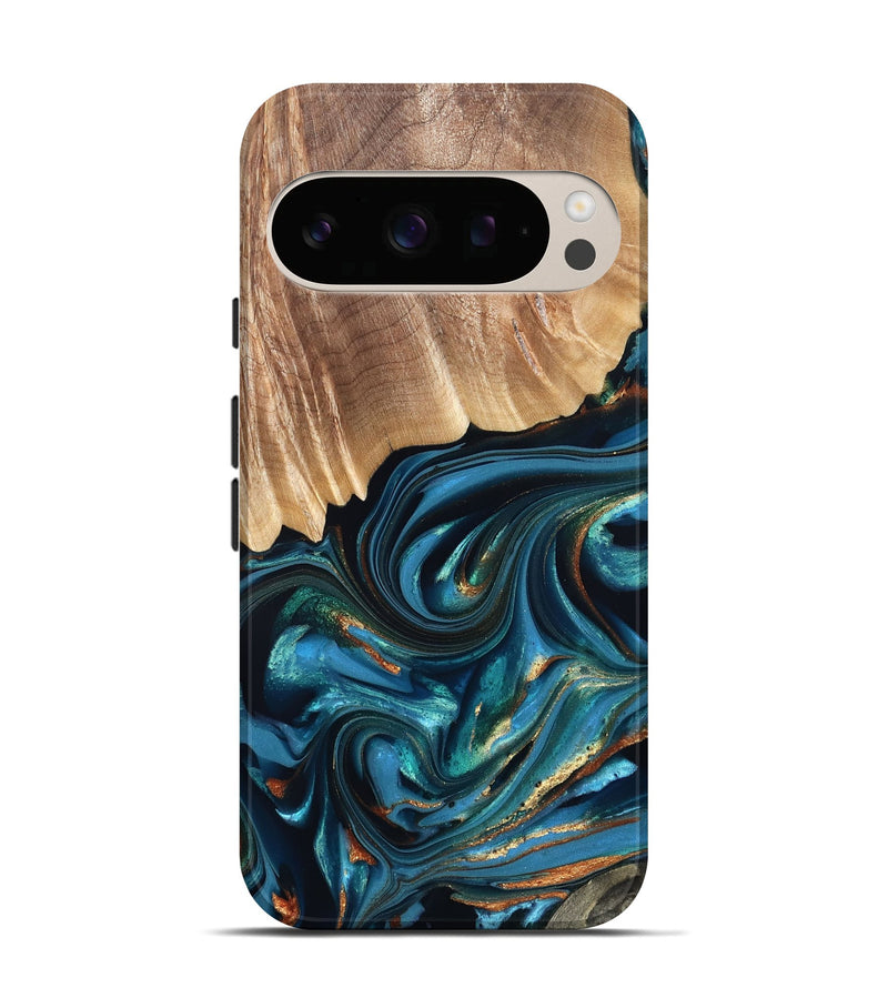 Pixel 10 Pro Wood Live Edge Phone Case - Kenzo (Teal & Gold, 822237)