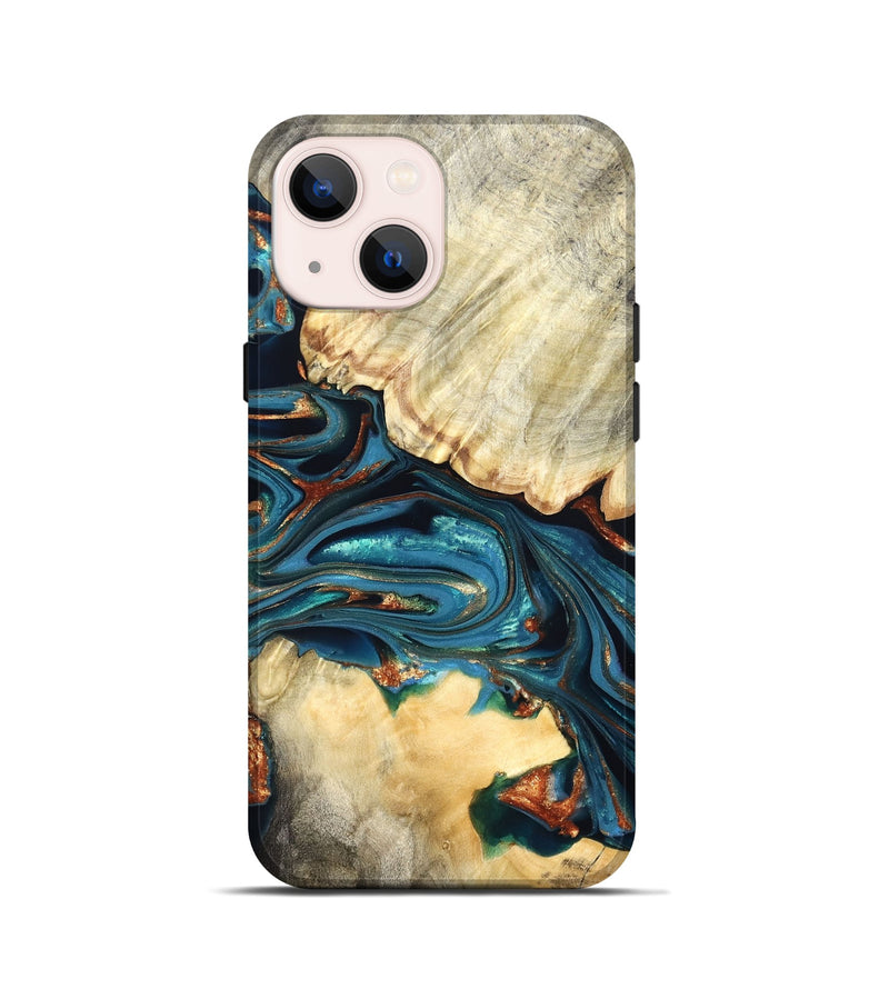 iPhone 13 mini Wood Live Edge Phone Case - Jakai (Teal & Gold, 822239)