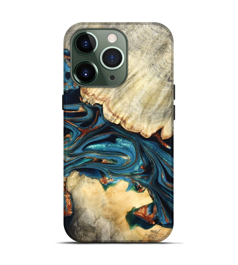 iPhone 13 Pro Wood Live Edge Phone Case - Jakai (Teal & Gold, 822239)