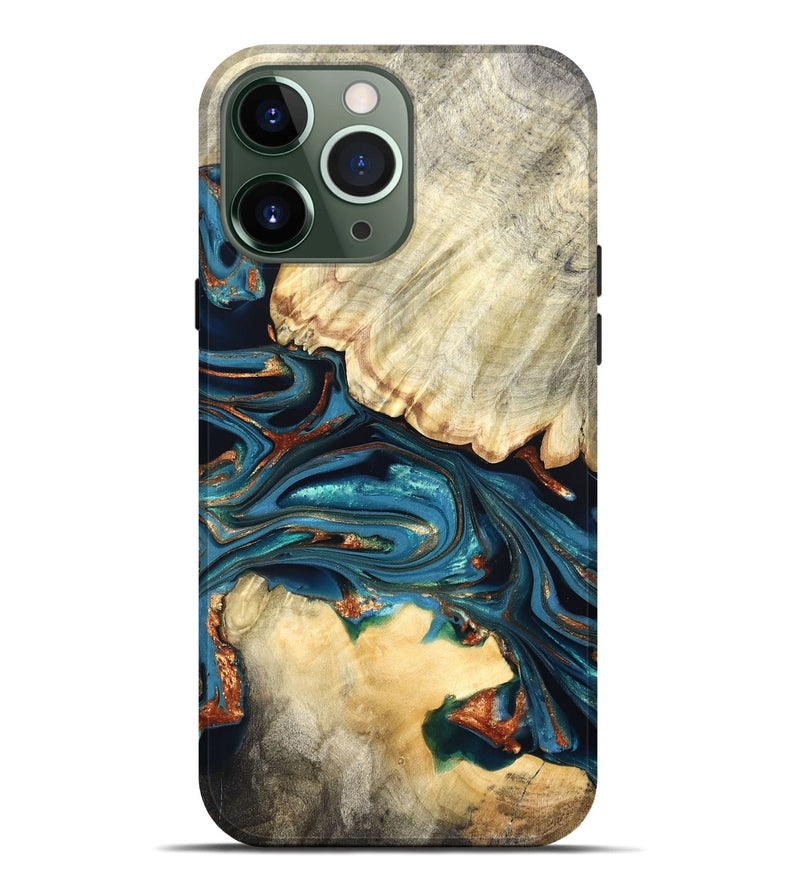 iPhone 13 Pro Max Wood Live Edge Phone Case - Jakai (Teal & Gold, 822239)