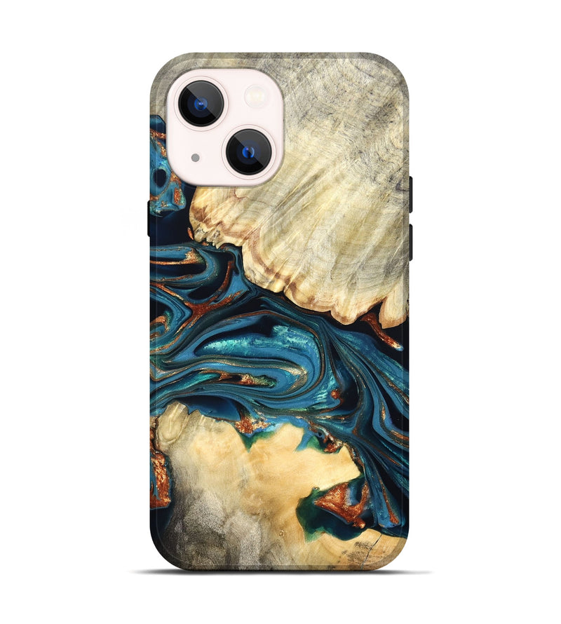 iPhone 14 Wood Live Edge Phone Case - Jakai (Teal & Gold, 822239)