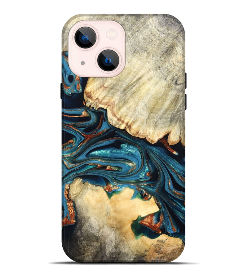 iPhone 14 Plus Wood Live Edge Phone Case - Jakai (Teal & Gold, 822239)