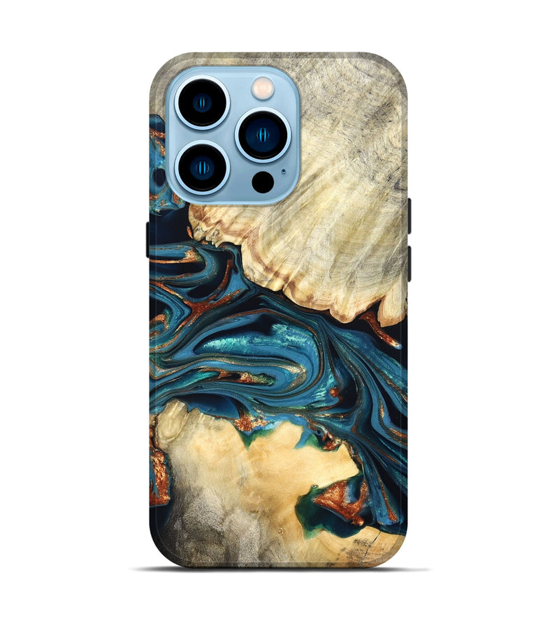 iPhone 14 Pro Wood Live Edge Phone Case - Jakai (Teal & Gold, 822239)