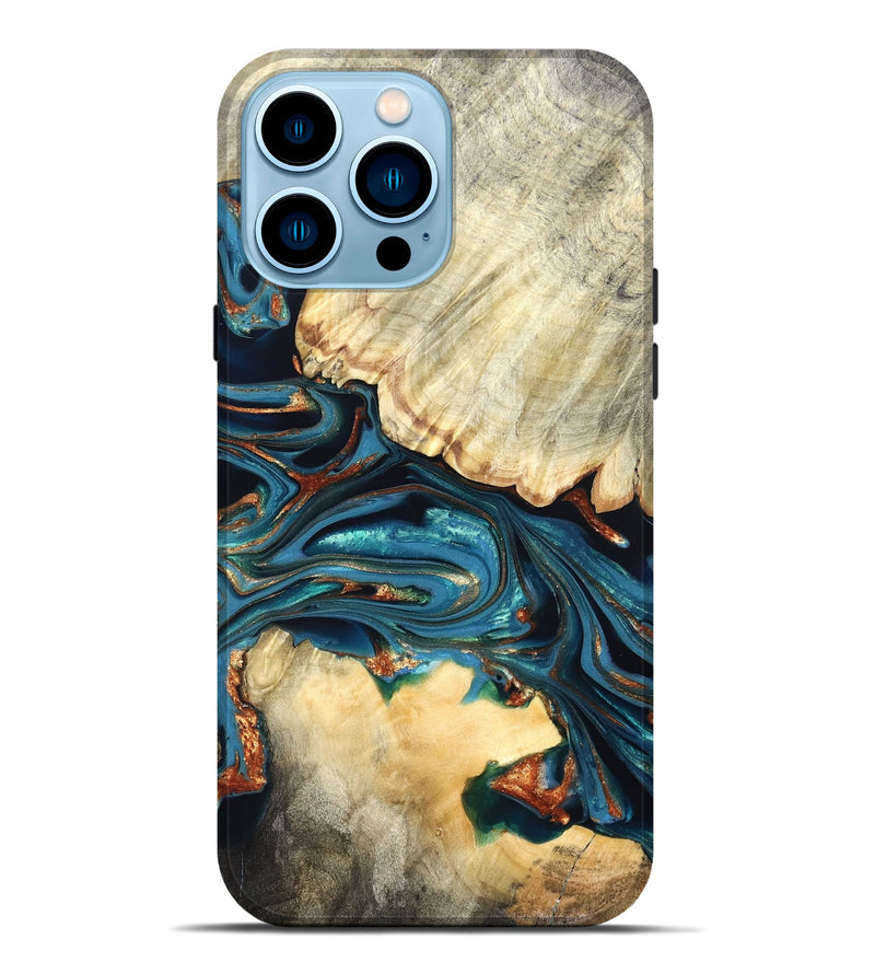 iPhone 14 Pro Max Wood Live Edge Phone Case - Jakai (Teal & Gold, 822239)