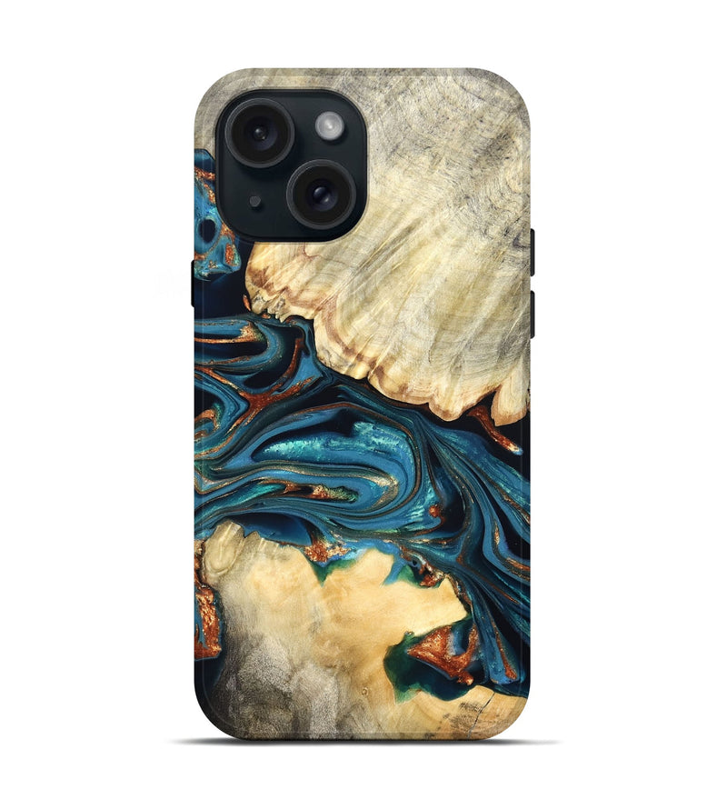 iPhone 15 Wood Live Edge Phone Case - Jakai (Teal & Gold, 822239)