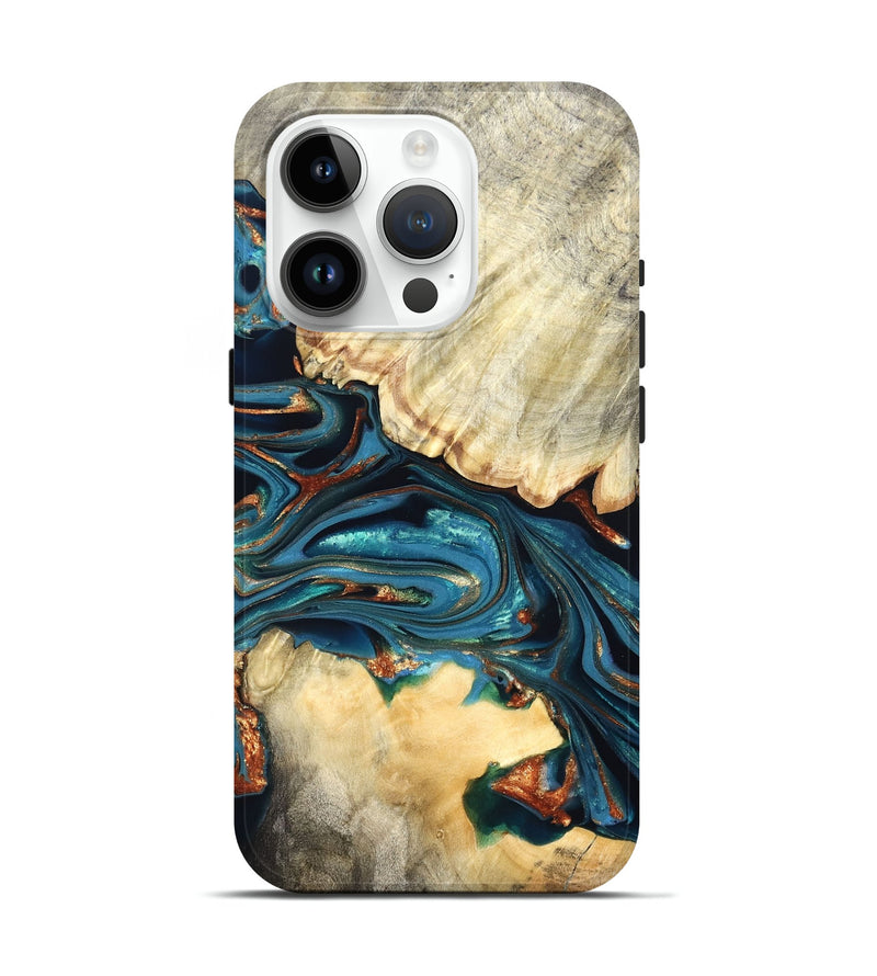 iPhone 15 Pro Wood Live Edge Phone Case - Jakai (Teal & Gold, 822239)