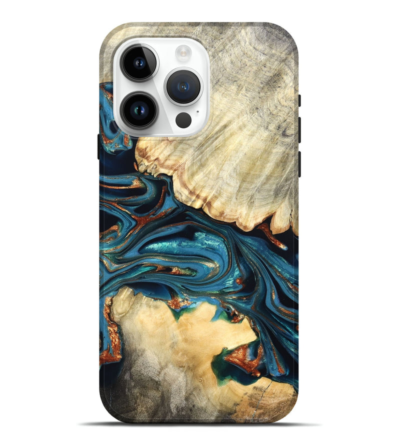 iPhone 15 Pro Max Wood Live Edge Phone Case - Jakai (Teal & Gold, 822239)