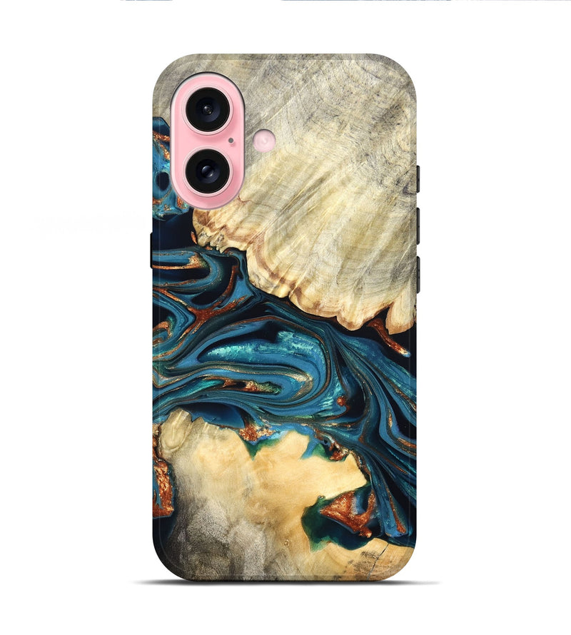 iPhone 16 Wood Live Edge Phone Case - Jakai (Teal & Gold, 822239)