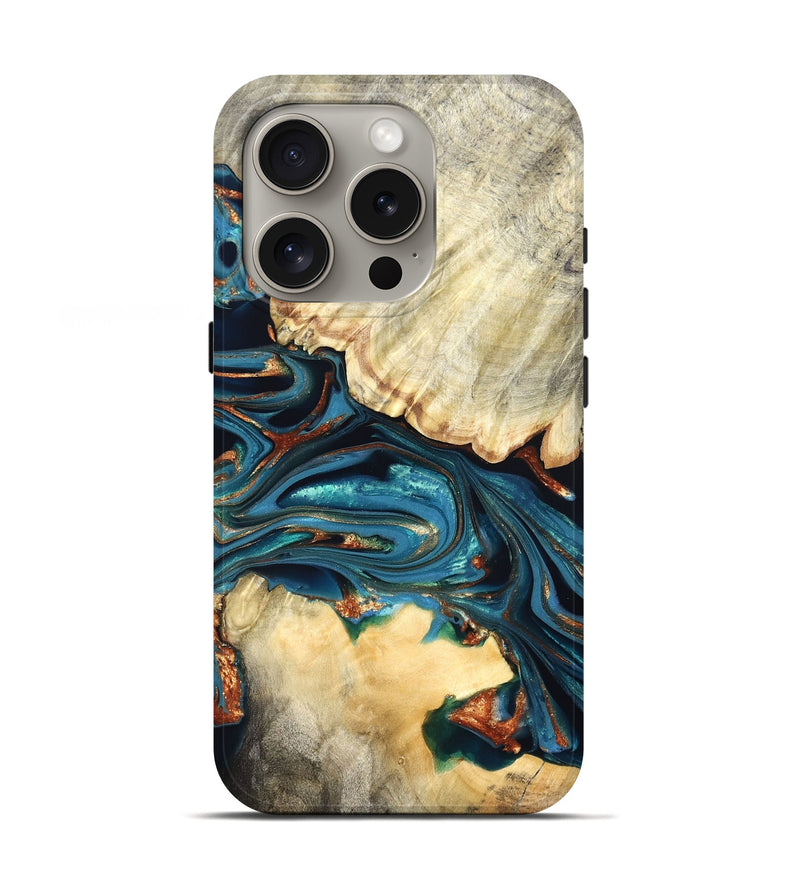iPhone 16 Pro Wood Live Edge Phone Case - Jakai (Teal & Gold, 822239)