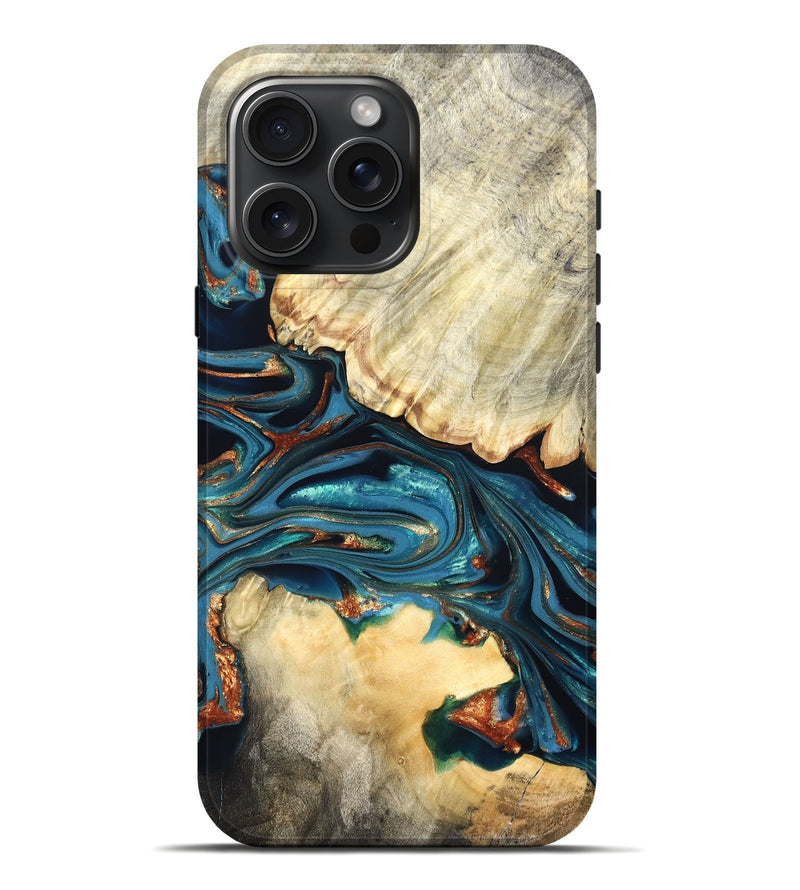 iPhone 16 Pro Max Wood Live Edge Phone Case - Jakai (Teal & Gold, 822239)