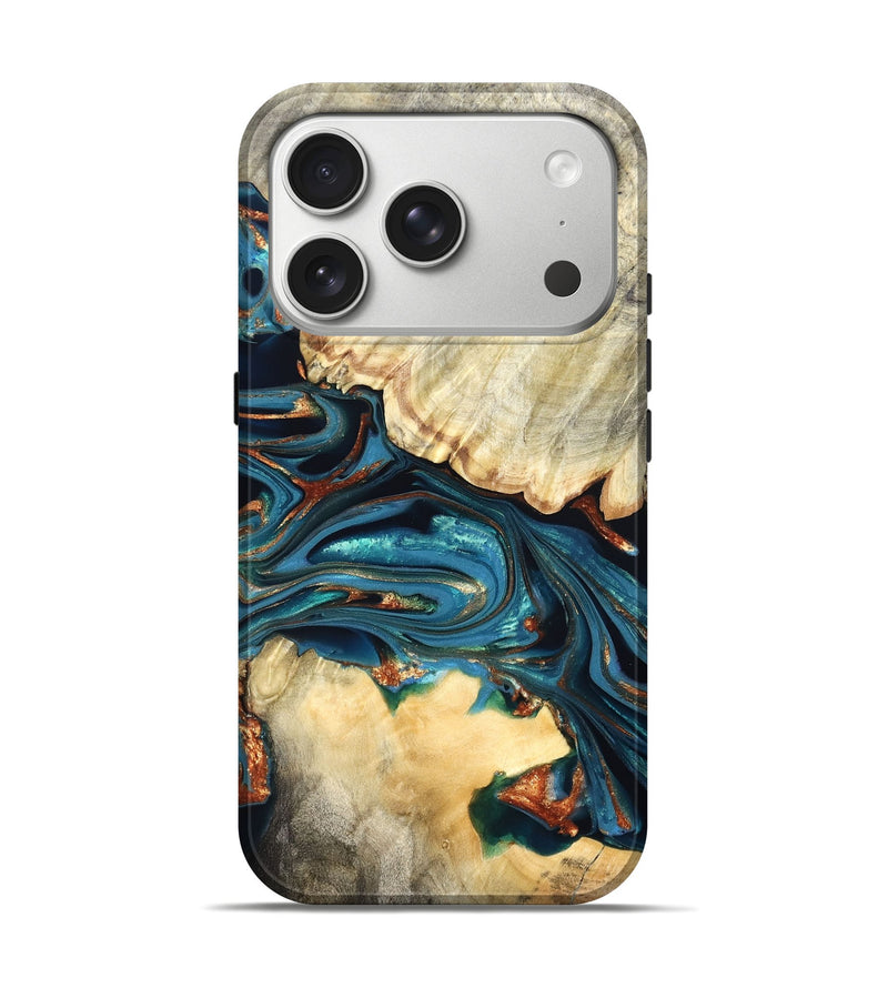iPhone 17 Pro Wood Live Edge Phone Case - Jakai (Teal & Gold, 822239)