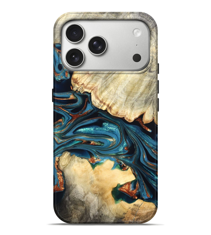 iPhone 17 Pro Max Wood Live Edge Phone Case - Jakai (Teal & Gold, 822239)