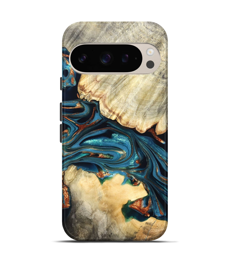 Pixel 9 Pro Wood Live Edge Phone Case - Jakai (Teal & Gold, 822239)
