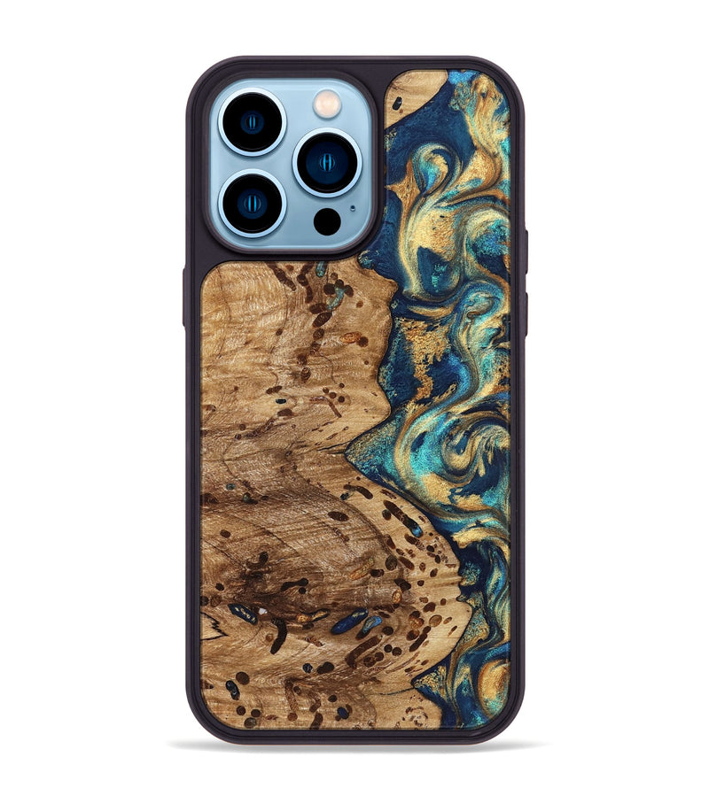iPhone 14 Pro Max Wood Phone Case - Braydon (Teal & Gold, 822243)