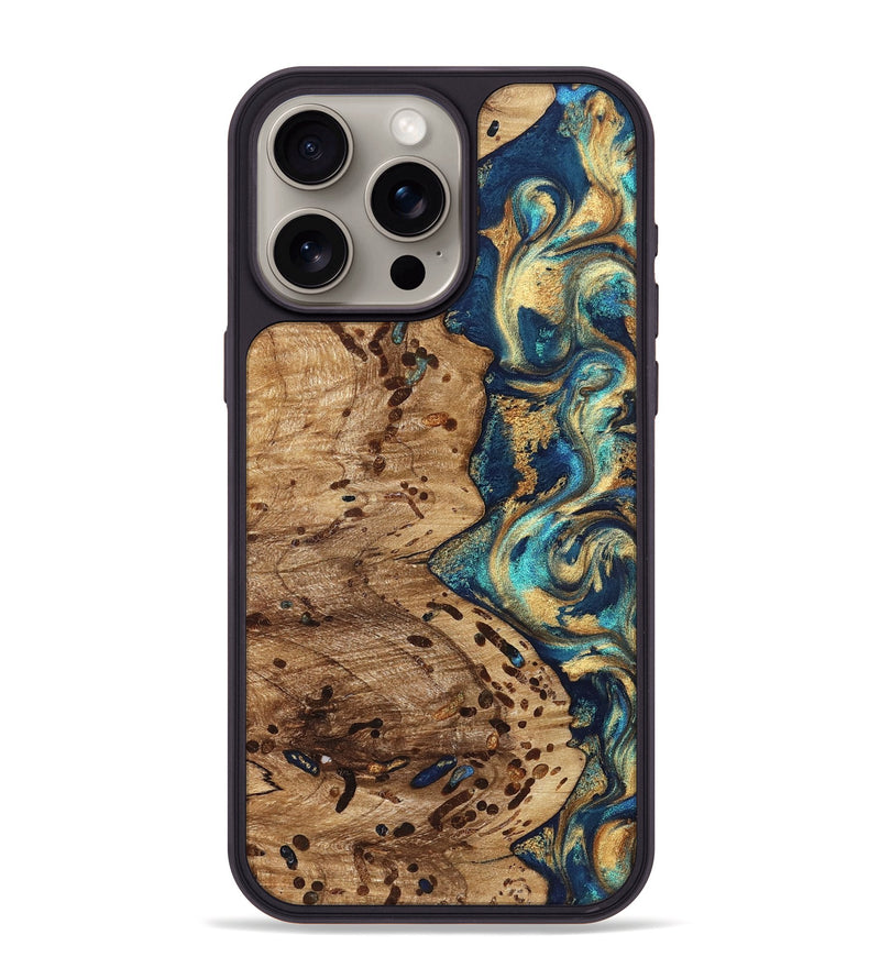 iPhone 15 Pro Max Wood Phone Case - Braydon (Teal & Gold, 822243)
