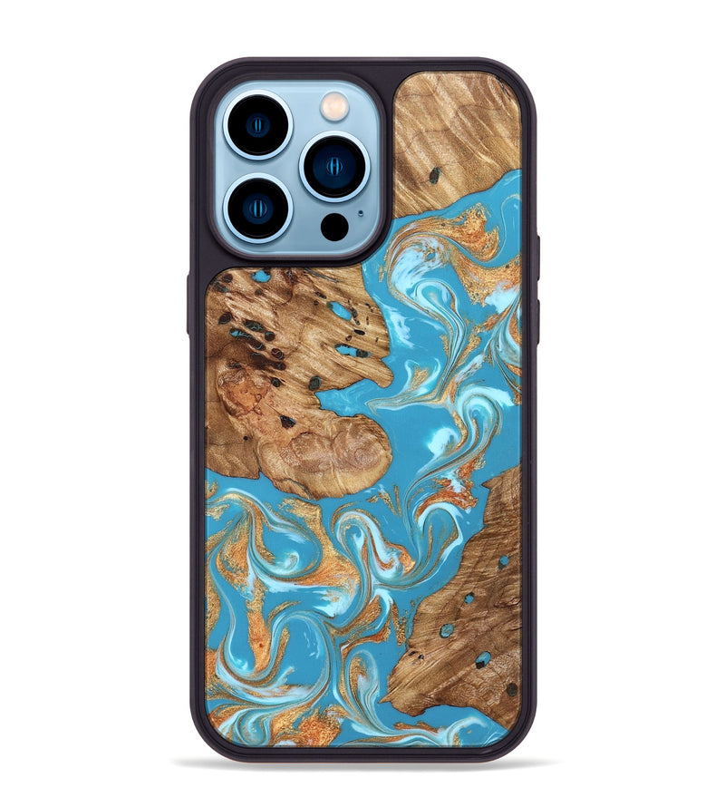 iPhone 14 Pro Max Wood Phone Case - Corrie (Teal & Gold, 822244)