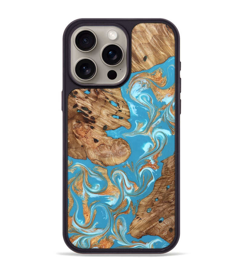 iPhone 15 Pro Max Wood Phone Case - Corrie (Teal & Gold, 822244)