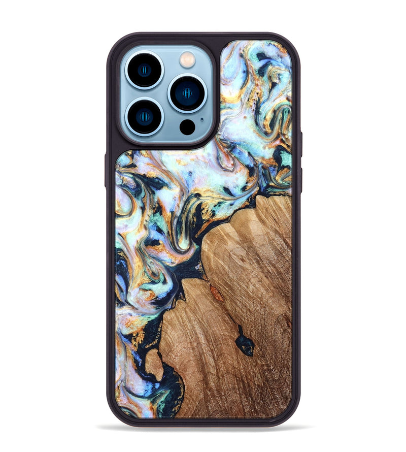 iPhone 14 Pro Max Wood Phone Case - Kadeem (Teal & Gold, 822246)