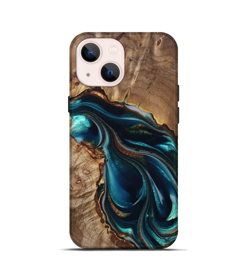 iPhone 13 mini Wood Live Edge Phone Case - Melisa (Teal & Gold, 822300)