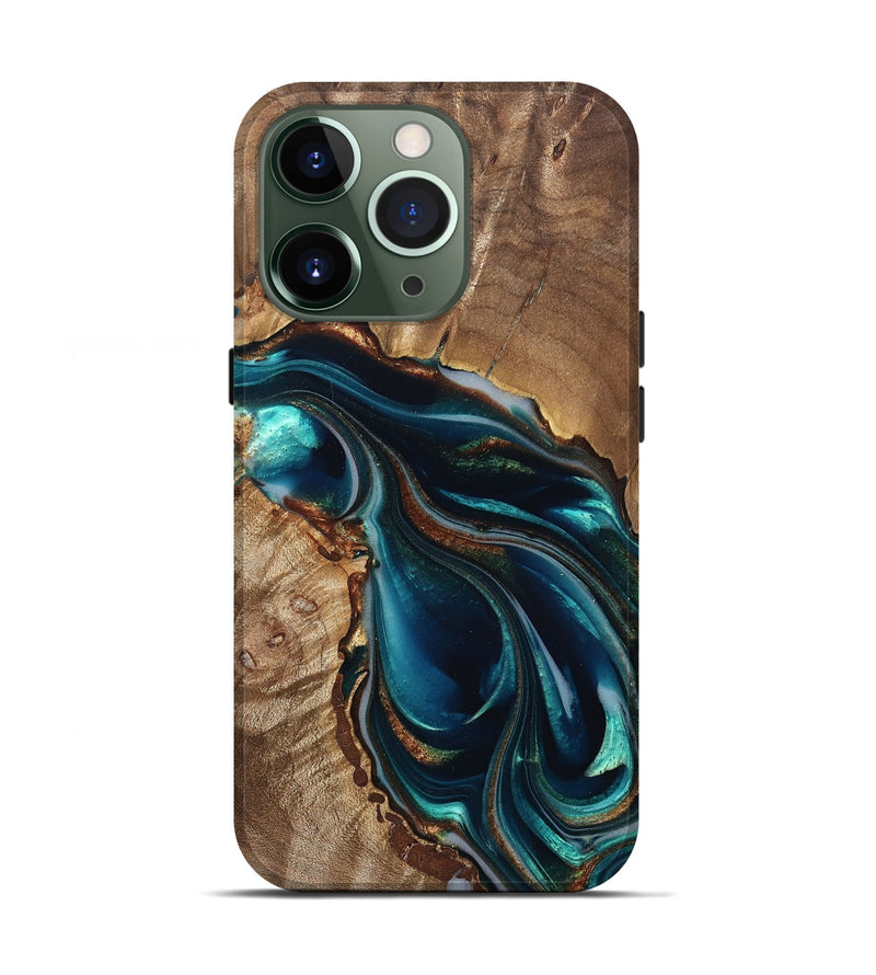 iPhone 13 Pro Wood Live Edge Phone Case - Melisa (Teal & Gold, 822300)