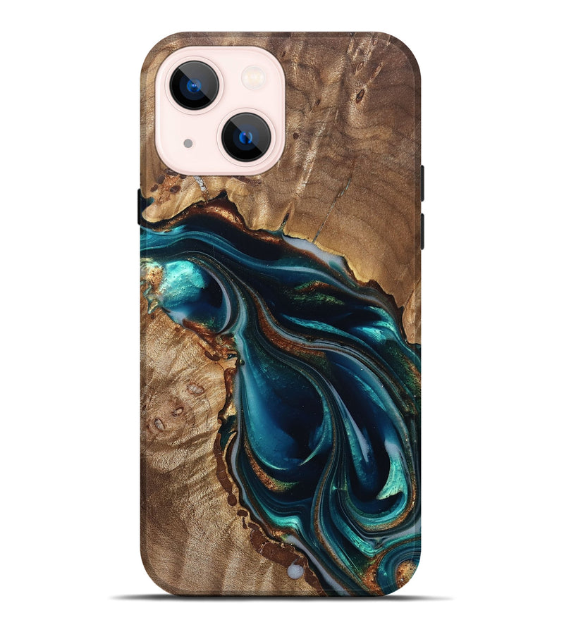 iPhone 14 Plus Wood Live Edge Phone Case - Melisa (Teal & Gold, 822300)