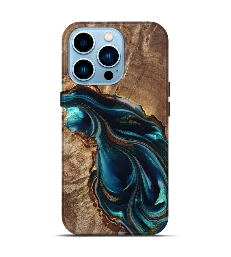 iPhone 14 Pro Wood Live Edge Phone Case - Melisa (Teal & Gold, 822300)