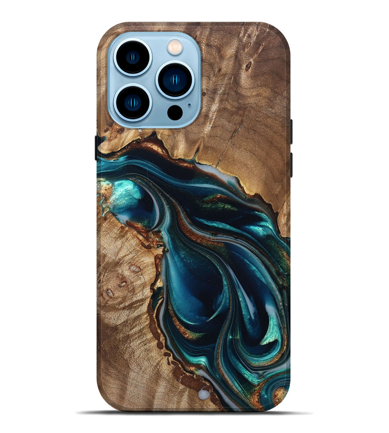 iPhone 14 Pro Max Wood Live Edge Phone Case - Melisa (Teal & Gold, 822300)