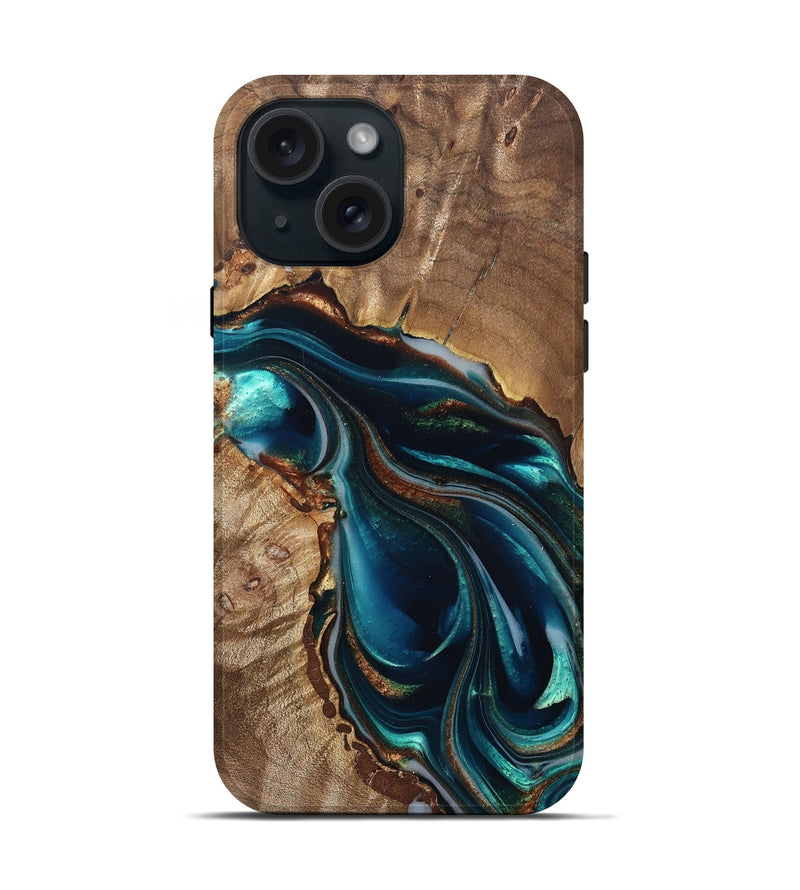 iPhone 15 Wood Live Edge Phone Case - Melisa (Teal & Gold, 822300)