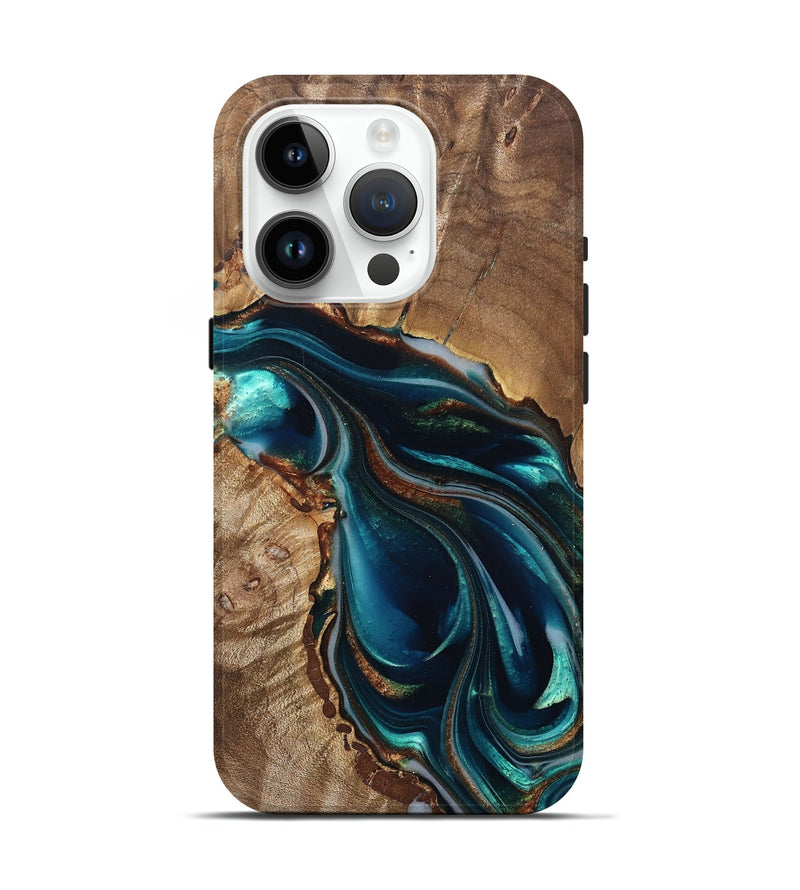 iPhone 15 Pro Wood Live Edge Phone Case - Melisa (Teal & Gold, 822300)
