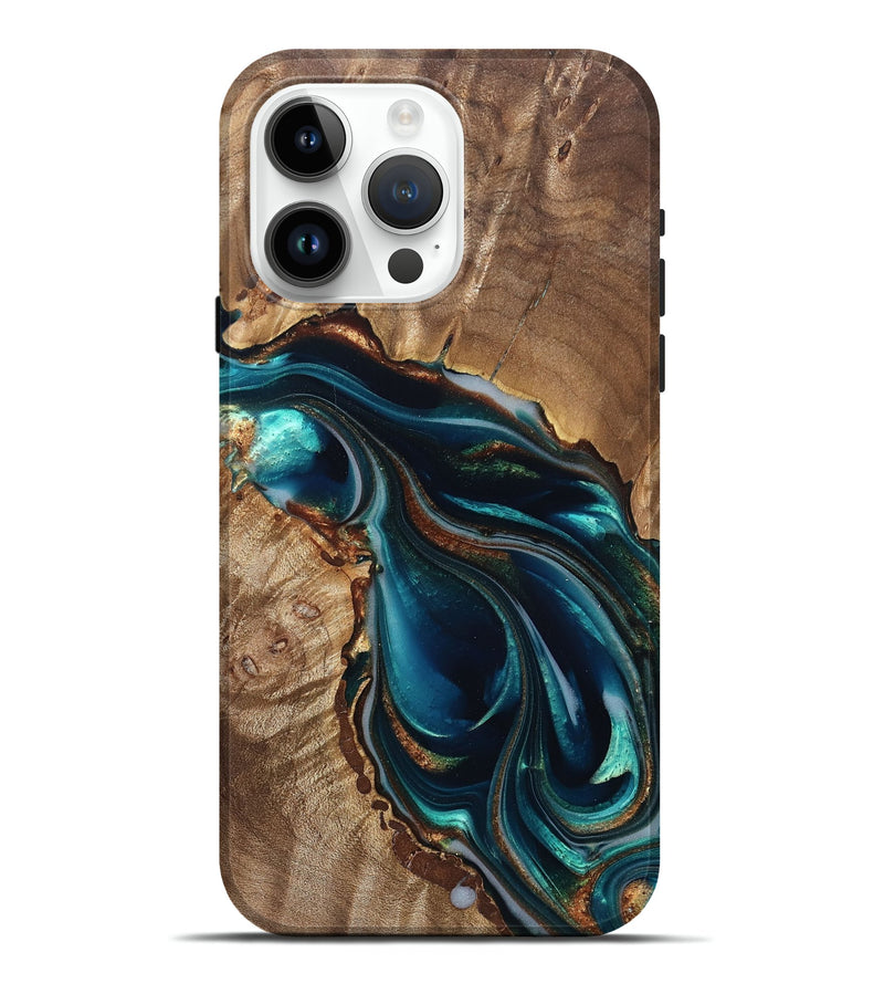 iPhone 15 Pro Max Wood Live Edge Phone Case - Melisa (Teal & Gold, 822300)