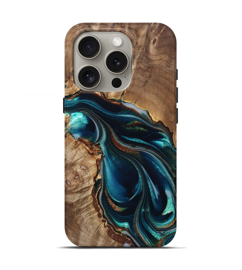 iPhone 16 Pro Wood Live Edge Phone Case - Melisa (Teal & Gold, 822300)