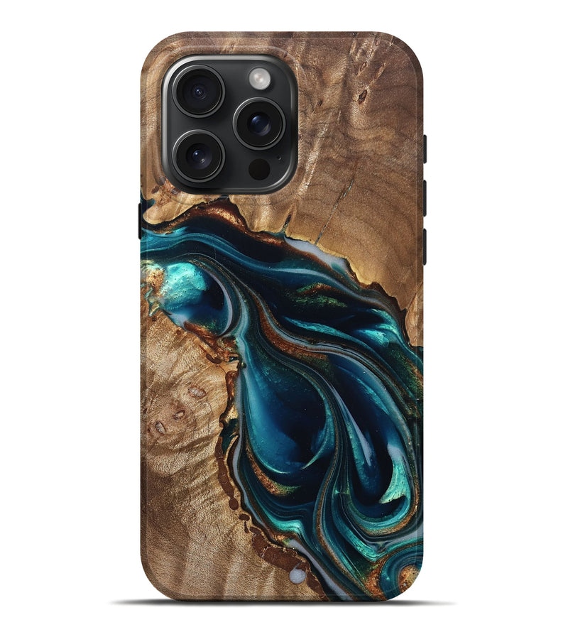 iPhone 16 Pro Max Wood Live Edge Phone Case - Melisa (Teal & Gold, 822300)