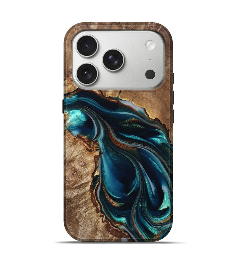 iPhone 17 Pro Wood Live Edge Phone Case - Melisa (Teal & Gold, 822300)