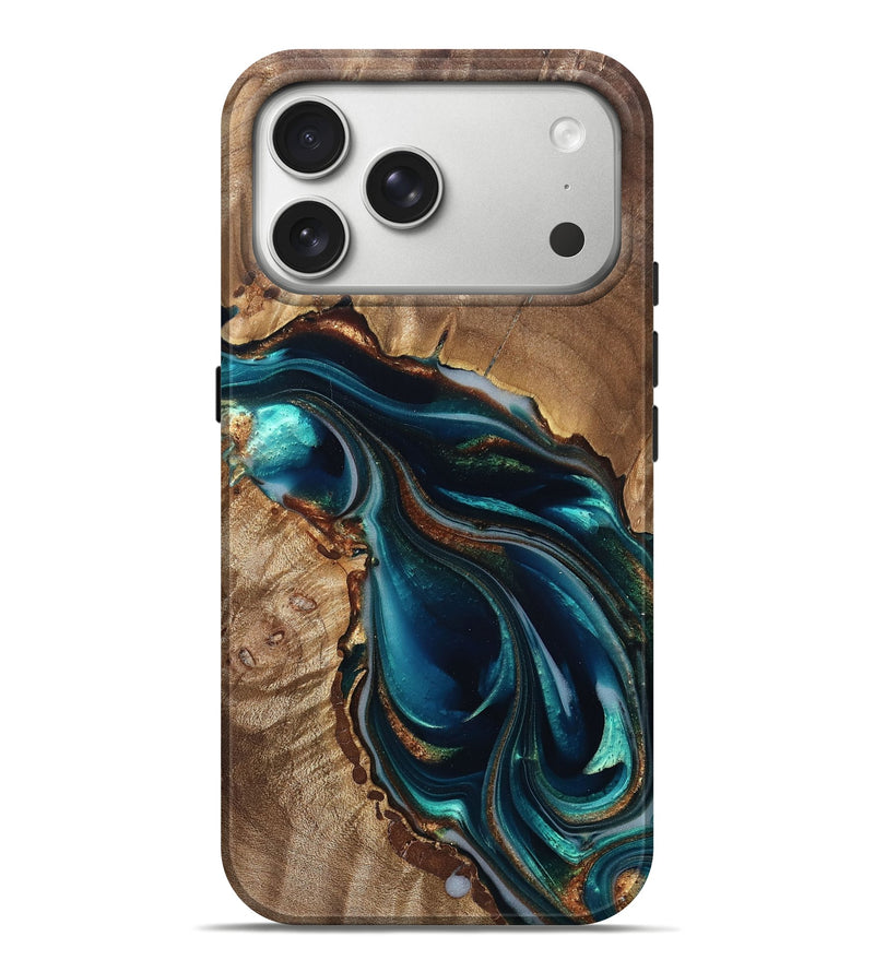 iPhone 17 Pro Max Wood Live Edge Phone Case - Melisa (Teal & Gold, 822300)