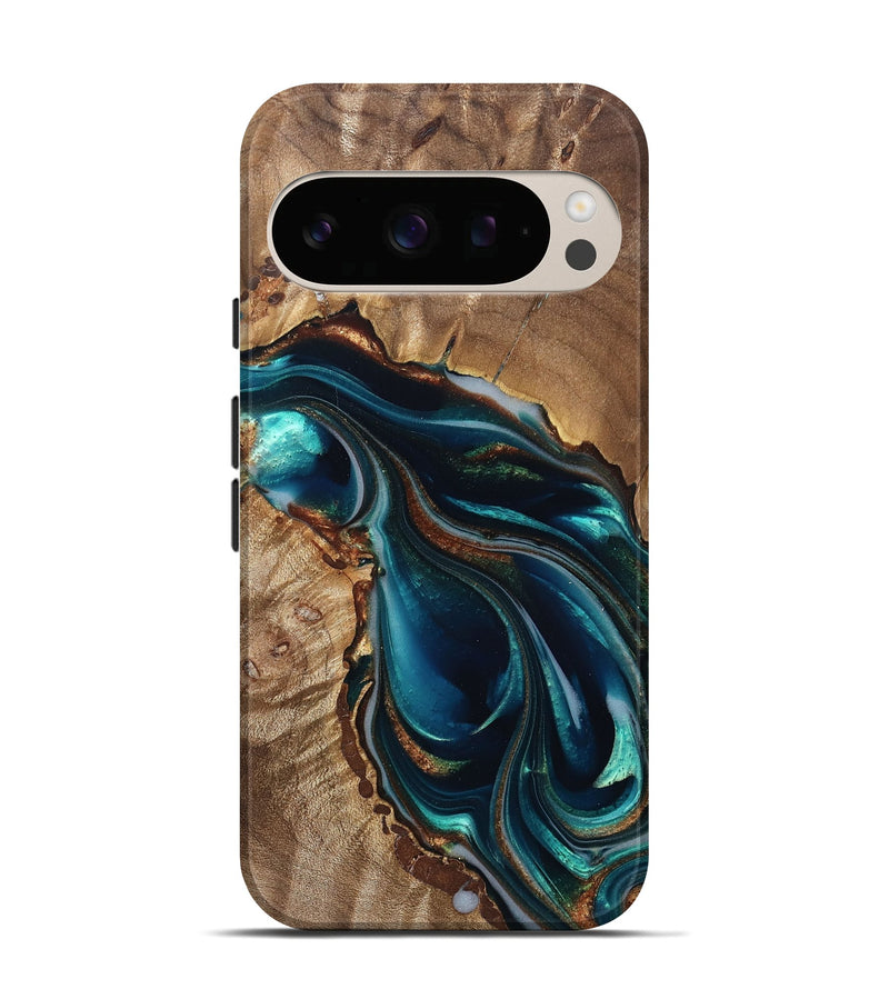 Pixel 10 Pro Wood Live Edge Phone Case - Melisa (Teal & Gold, 822300)