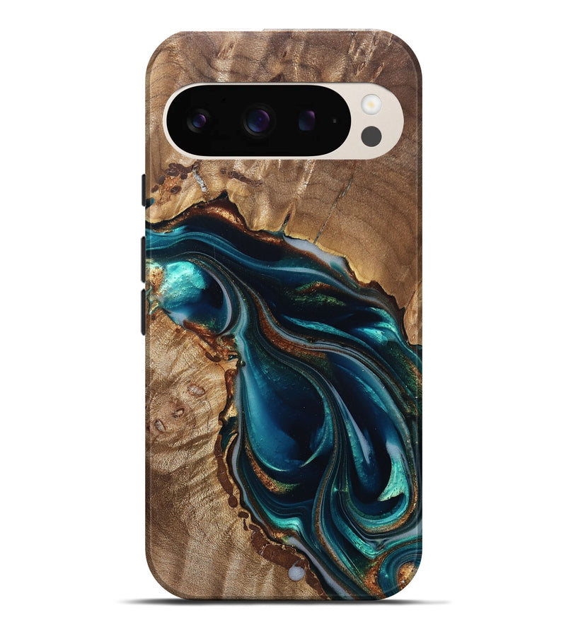 Pixel 9 Pro XL Wood Live Edge Phone Case - Melisa (Teal & Gold, 822300)