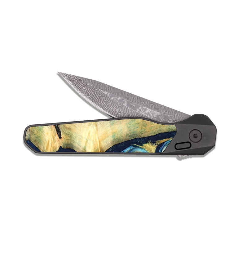 EDC Dark Damascus Wood Pocket Knife - Orval (Teal & Gold, 822322)