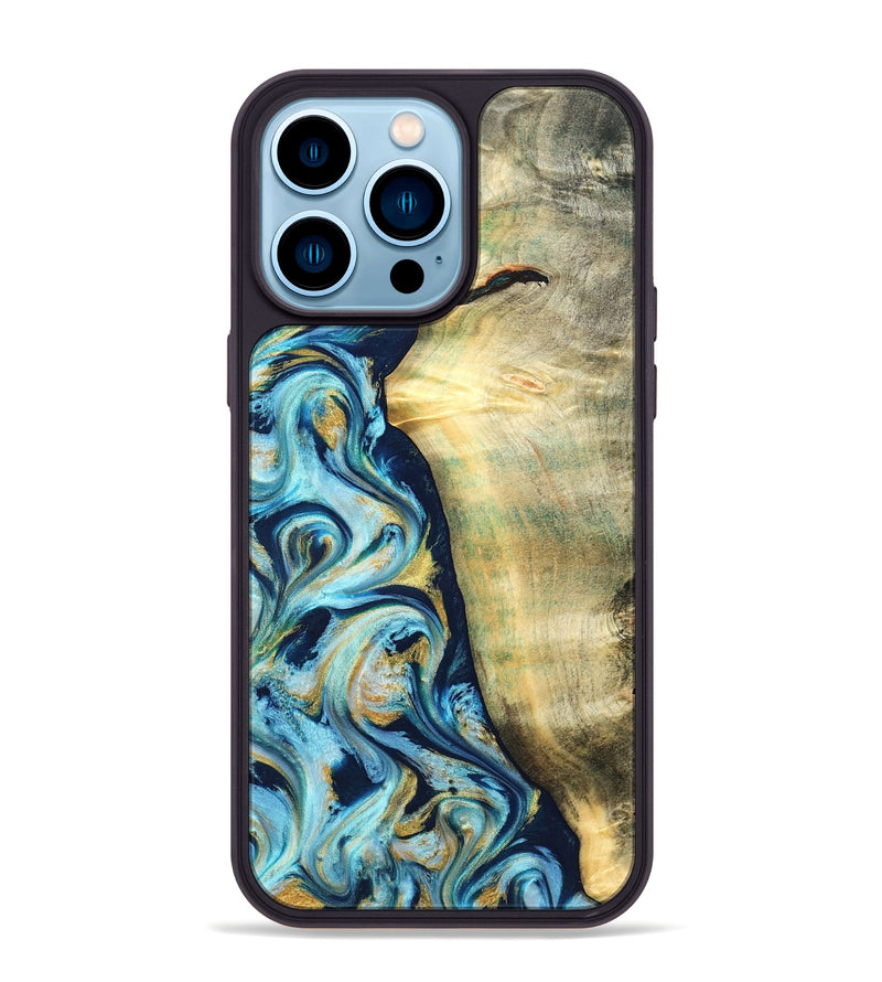 iPhone 14 Pro Max Wood Phone Case - Orval (Teal & Gold, 822322)