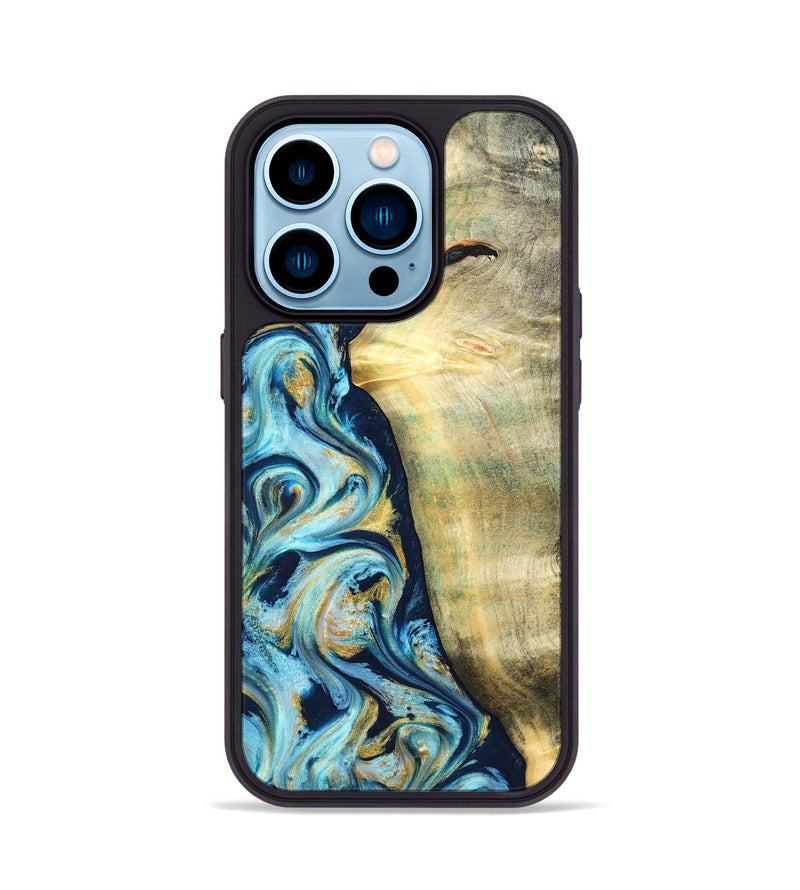 iPhone 14 Pro Wood Phone Case - Orval (Teal & Gold, 822322)