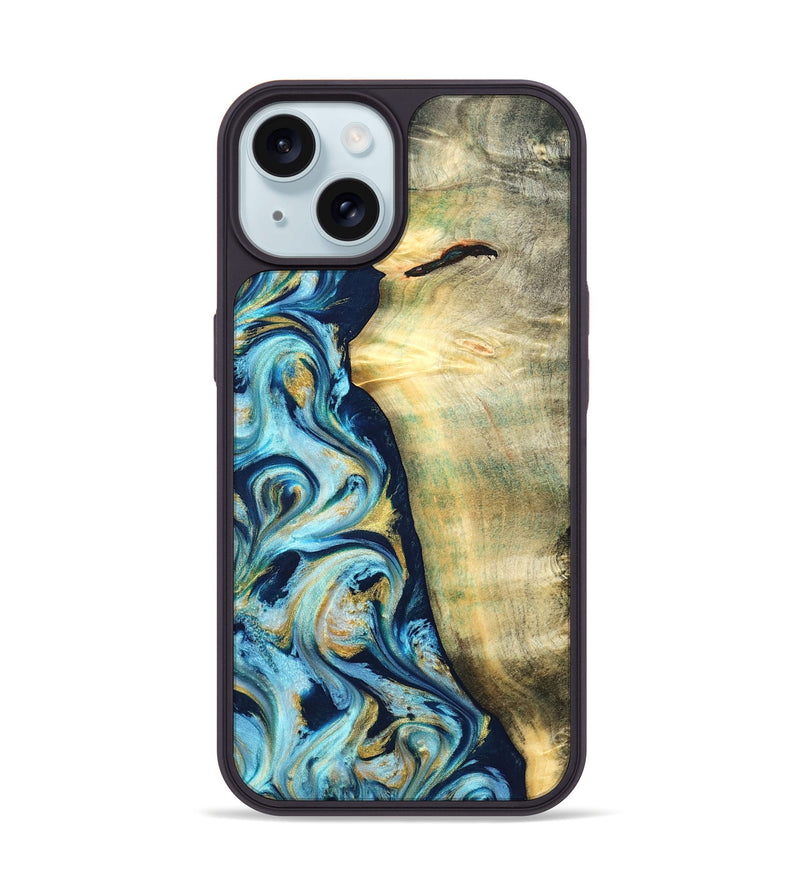 iPhone 15 Wood Phone Case - Orval (Teal & Gold, 822322)
