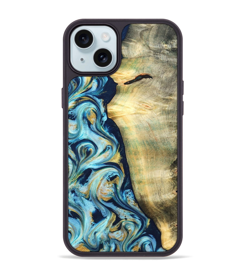 iPhone 15 Plus Wood Phone Case - Orval (Teal & Gold, 822322)