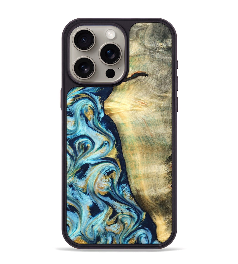 iPhone 15 Pro Max Wood Phone Case - Orval (Teal & Gold, 822322)