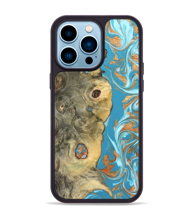 iPhone 14 Pro Max Wood Phone Case - Kahlani (Teal & Gold, 822323)