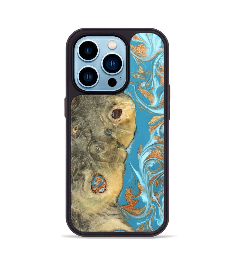 iPhone 14 Pro Wood Phone Case - Kahlani (Teal & Gold, 822323)