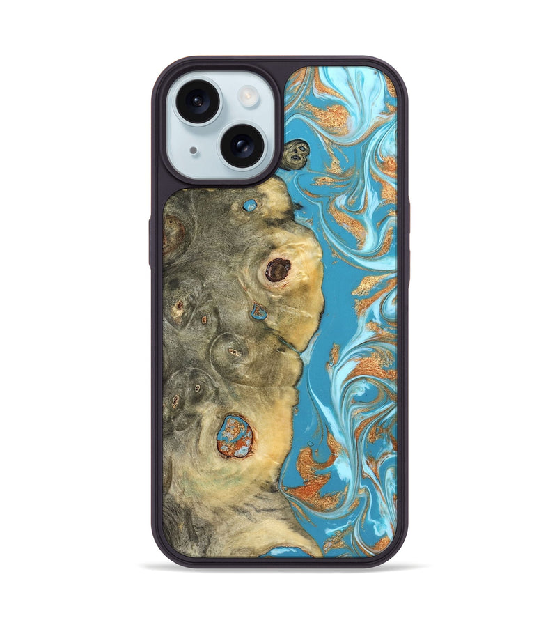 iPhone 15 Wood Phone Case - Kahlani (Teal & Gold, 822323)