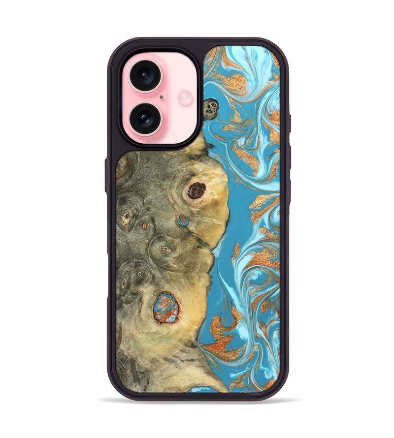 iPhone 16 Wood Phone Case - Kahlani (Teal & Gold, 822323)